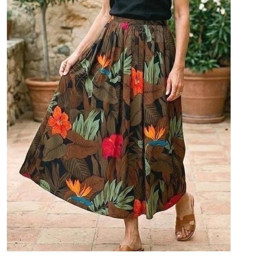 Ellen Tracy Silk Maxi Skirt Flowy‎ Tropical Botanical Art Print Hong Kong Sz 8
